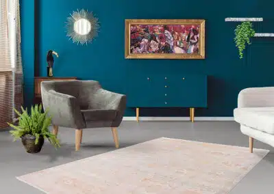 Rustikaler Fashion Teppich vor blauer Wand