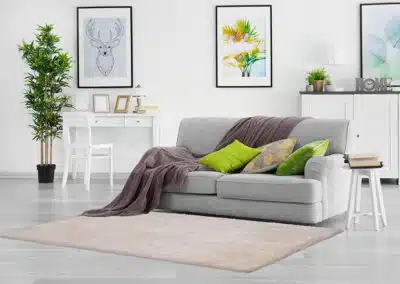 Elfenbeinfarbener Teppich vor grauem Sofa